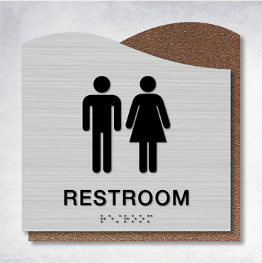 ADA-compliant restroom signage featuring a 3-D-like presentation, suitable for facility management.