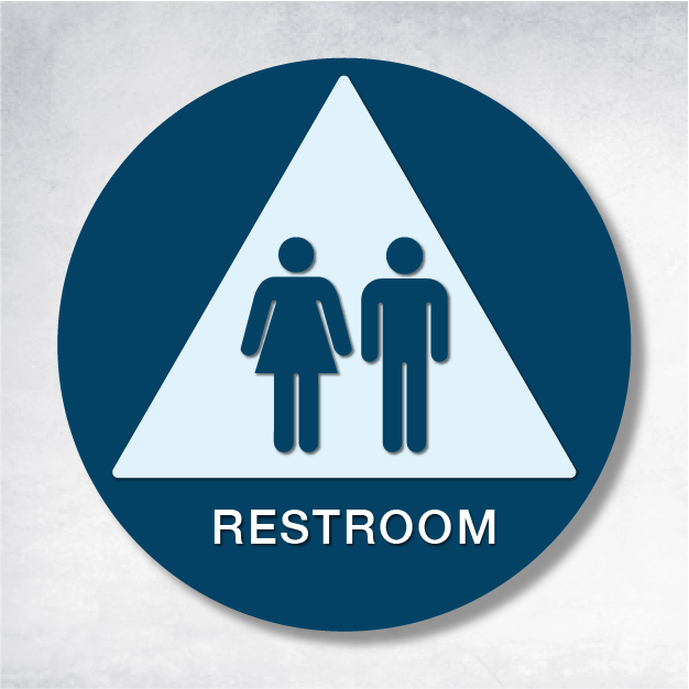Restroom signs featuring ADA-compliant pictograms and chamfered edges for unisex restrooms.