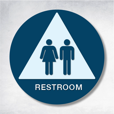 Restroom signs featuring ADA-compliant pictograms and chamfered edges for unisex restrooms.